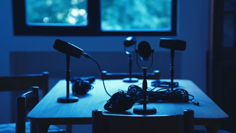 Studio de balado désert plongé dans une lumière bleue, micros et casques posés sur la table